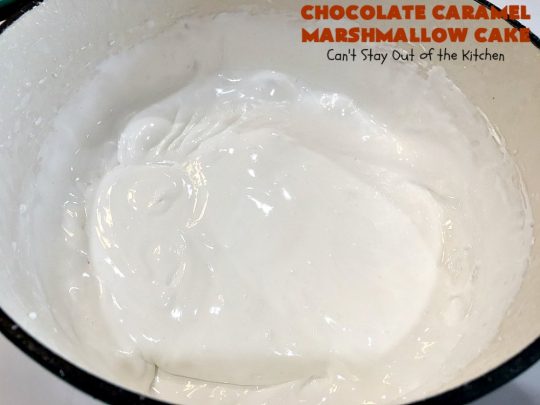 Chocolate Caramel Marshmallow Cake | this spectacular #chocolate #cake has a #caramel-like #praline filling & #marshmallow frosting. It's to die for! Terrific for company &  #holidays like #MothersDay or #FathersDay. #toffee #ChocolateCake #HolidayDessert #MothersDayDessert #FathersDayDessert #ChocolateCaramelMarshmallowCake #ChocolateDessert #CaramelDessert #ToffeeDessert #MarshmallowDessert