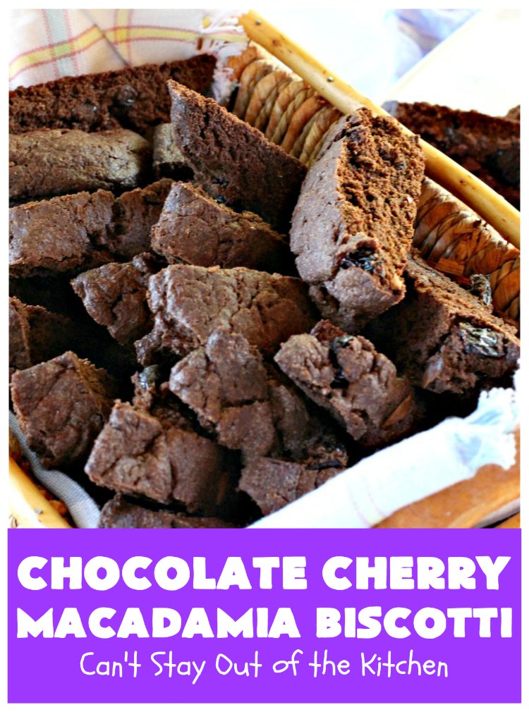 Chocolate Cherry Macadamia Biscotti | Enjoy a cup of coffee or tea with this fantastic #biscotti. It's made with dried #cherries, toasted #MacadamiaNuts & #chocolate! Excellent #breakfast idea for company or #holidays. #ChocolateCherryMacadamiaBiscotti