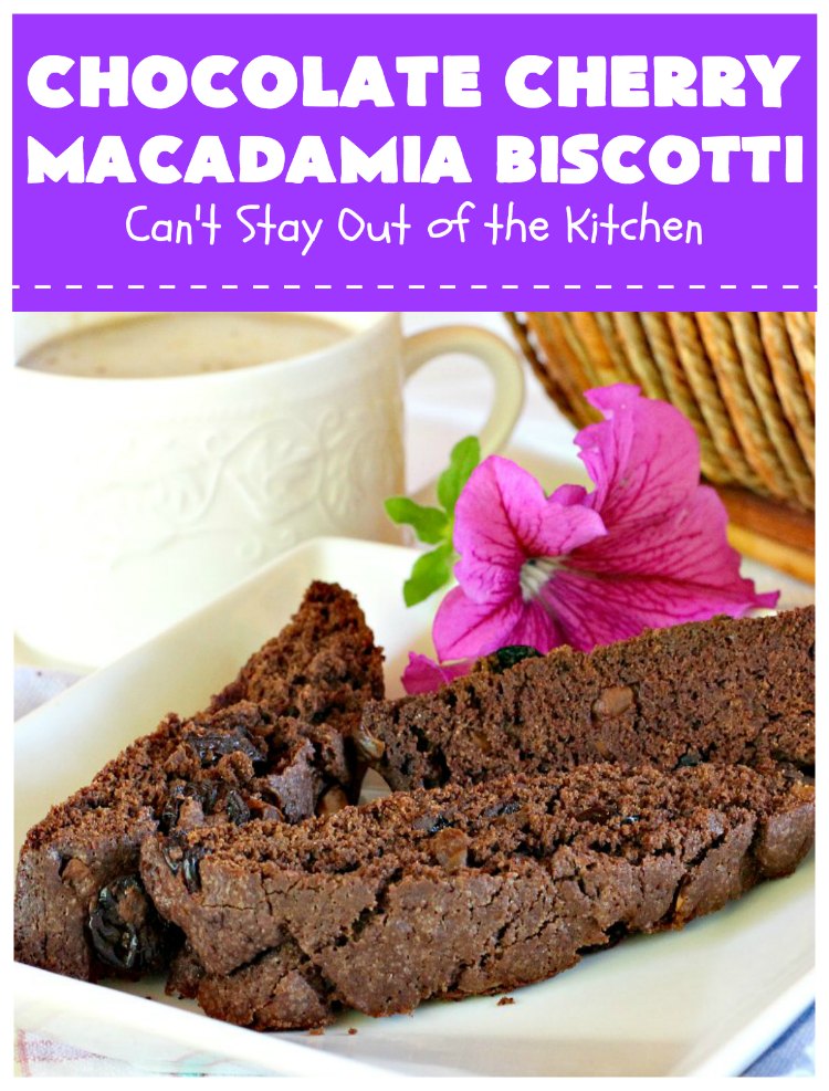 Chocolate Cherry Macadamia Biscotti | Enjoy a cup of coffee or tea with this fantastic #biscotti. It's made with dried #cherries, toasted #MacadamiaNuts & #chocolate! Excellent #breakfast idea for company or #holidays. #ChocolateCherryMacadamiaBiscotti