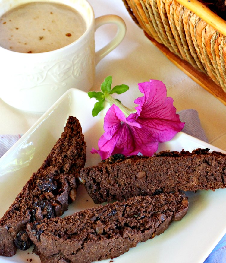 Chocolate Cherry Macadamia Biscotti | Enjoy a cup of coffee or tea with this fantastic #biscotti. It's made with dried #cherries, toasted #MacadamiaNuts & #chocolate! Excellent #breakfast idea for company or #holidays. #ChocolateCherryMacadamiaBiscotti