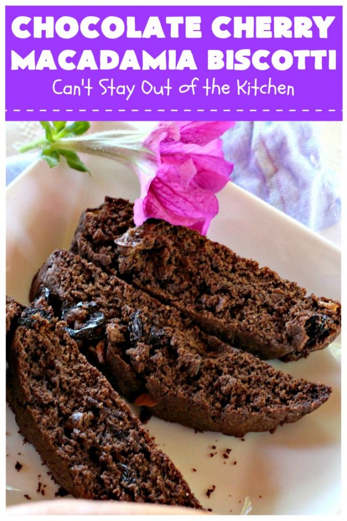 Chocolate Cherry Macadamia Biscotti | Enjoy a cup of coffee or tea with this fantastic #biscotti. It's made with dried #cherries, toasted #MacadamiaNuts & #chocolate! Excellent #breakfast idea for company or #holidays. #ChocolateCherryMacadamiaBiscotti