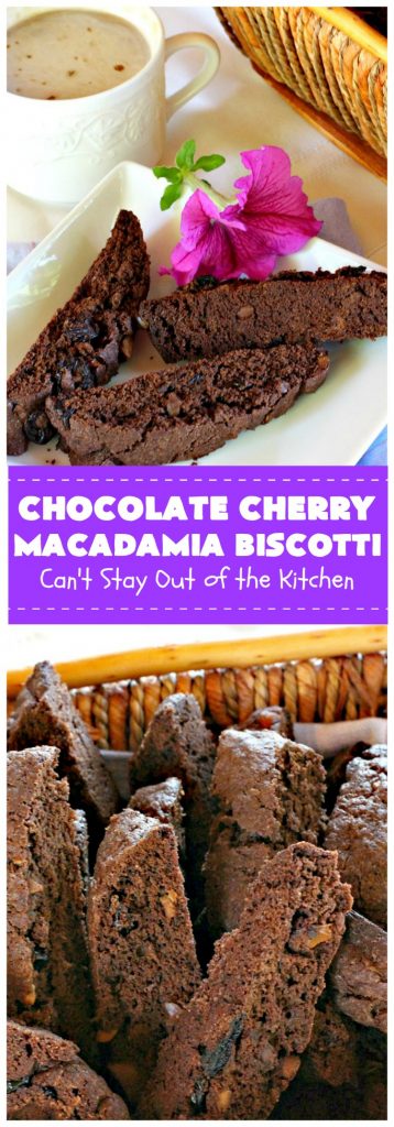 Chocolate Cherry Macadamia Biscotti | Enjoy a cup of coffee or tea with this fantastic #biscotti. It's made with dried #cherries, toasted #MacadamiaNuts & #chocolate! Excellent #breakfast idea for company or #holidays. #ChocolateCherryMacadamiaBiscotti