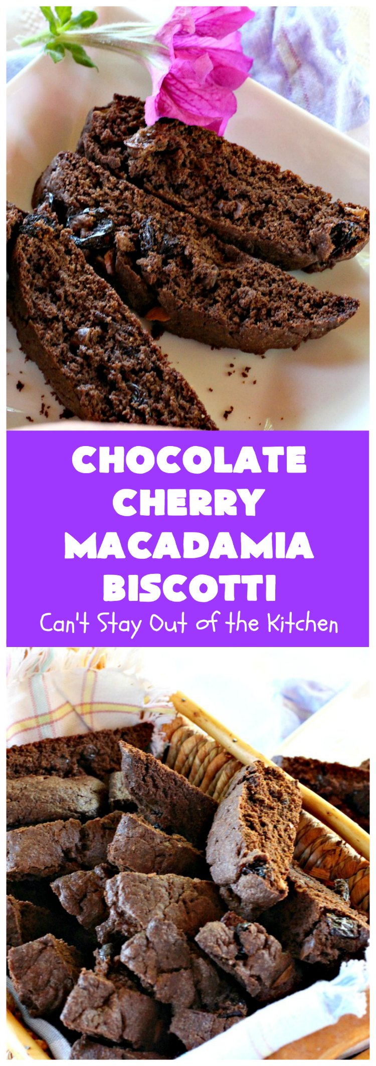 Chocolate Cherry Macadamia Biscotti | Enjoy a cup of coffee or tea with this fantastic #biscotti. It's made with dried #cherries, toasted #MacadamiaNuts & #chocolate! Excellent #breakfast idea for company or #holidays. #ChocolateCherryMacadamiaBiscotti