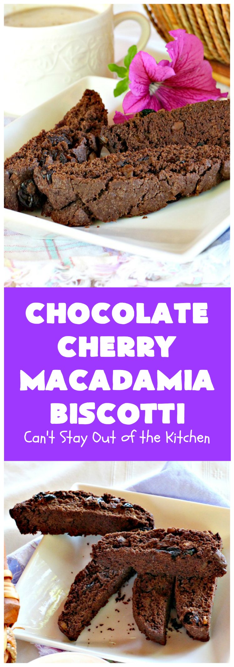 Chocolate Cherry Macadamia Biscotti | Enjoy a cup of coffee or tea with this fantastic #biscotti. It's made with dried #cherries, toasted #MacadamiaNuts & #chocolate! Excellent #breakfast idea for company or #holidays. #ChocolateCherryMacadamiaBiscotti
