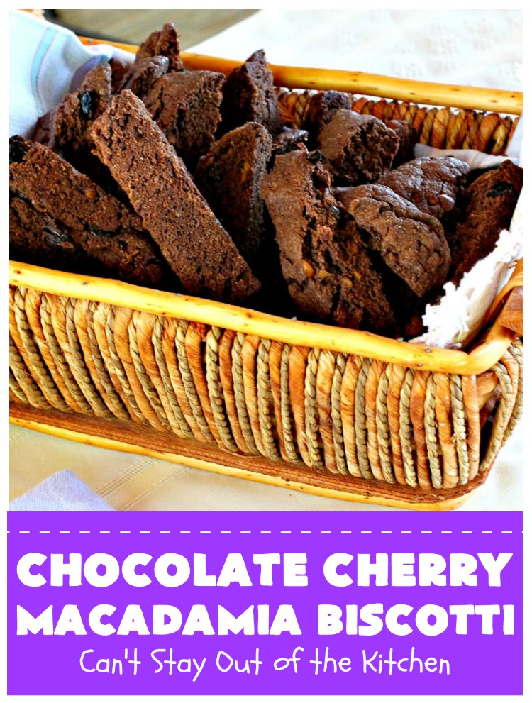 Chocolate Cherry Macadamia Biscotti | Enjoy a cup of coffee or tea with this fantastic #biscotti. It's made with dried #cherries, toasted #MacadamiaNuts & #chocolate! Excellent #breakfast idea for company or #holidays. #ChocolateCherryMacadamiaBiscotti