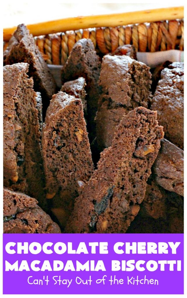 Chocolate Cherry Macadamia Biscotti | Enjoy a cup of coffee or tea with this fantastic #biscotti. It's made with dried #cherries, toasted #MacadamiaNuts & #chocolate! Excellent #breakfast idea for company or #holidays. #ChocolateCherryMacadamiaBiscotti