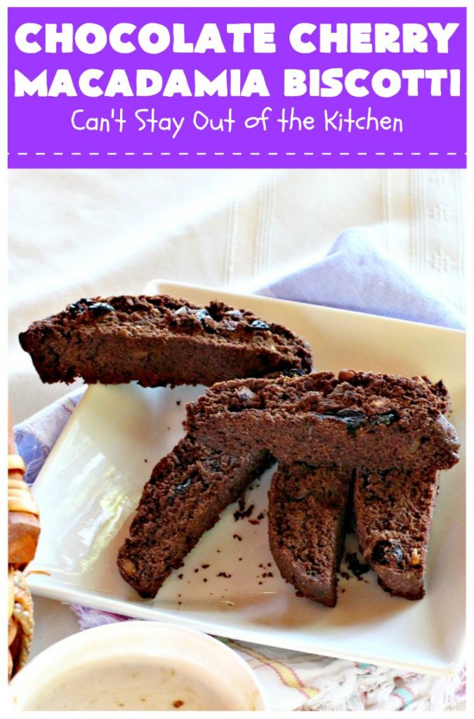Chocolate Cherry Macadamia Biscotti | Enjoy a cup of coffee or tea with this fantastic #biscotti. It's made with dried #cherries, toasted #MacadamiaNuts & #chocolate! Excellent #breakfast idea for company or #holidays. #ChocolateCherryMacadamiaBiscotti