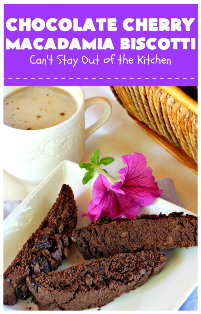 Chocolate Cherry Macadamia Biscotti | Enjoy a cup of coffee or tea with this fantastic #biscotti. It's made with dried #cherries, toasted #MacadamiaNuts & #chocolate! Excellent #breakfast idea for company or #holidays. #ChocolateCherryMacadamiaBiscotti