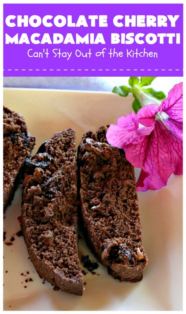 Chocolate Cherry Macadamia Biscotti | Enjoy a cup of coffee or tea with this fantastic #biscotti. It's made with dried #cherries, toasted #MacadamiaNuts & #chocolate! Excellent #breakfast idea for company or #holidays. #ChocolateCherryMacadamiaBiscotti