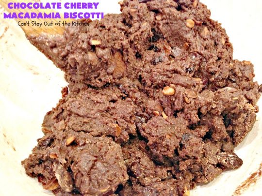 Chocolate Cherry Macadamia Biscotti | Enjoy a cup of coffee or tea with this fantastic #biscotti. It's made with dried #cherries, toasted #MacadamiaNuts & #chocolate! Excellent #breakfast idea for company or #holidays. #ChocolateCherryMacadamiaBiscotti