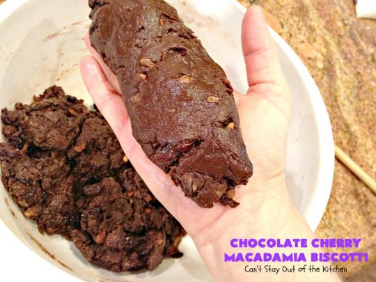 Chocolate Cherry Macadamia Biscotti | Enjoy a cup of coffee or tea with this fantastic #biscotti. It's made with dried #cherries, toasted #MacadamiaNuts & #chocolate! Excellent #breakfast idea for company or #holidays. #ChocolateCherryMacadamiaBiscotti