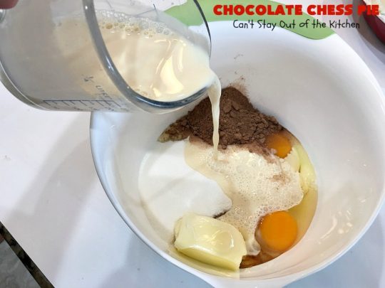 Chocolate Chess Pie | Can't Stay Out of the Kitchen | this easy & delicious #Pie uses only 7 ingredients. It's such an easy #dessert for any kind of function. If you like #ChocolateFudge desserts, you'll go crazy over this one. It's rich, decadent & heavenly. #ChocolateDessert ChocolateChessPie #Holiday #HolidayDessert #ValentinesDayDessert #EasyChocolateDessert #FavoriteChocolateDessert #fudge #FudgeDessert