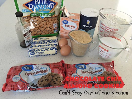 Chocolate Chip Almond Cookies | Can't Stay Out of the Kitchen | these fantastic #cookies are divine! They include 2 bags of miniature #ChocolateChips & chopped #almonds. They're crunchy, chocolaty and mammoth-sized. Wonderful for #tailgating or office parties, potlucks, soccer or hockey practice for your kids or backyard BBQs. Every bite is just perfect! #dessert #ChocolateDessert #chocolate #AlmondDessert #ChristmasCookieExchange #ChocolateChipAlmondCookies