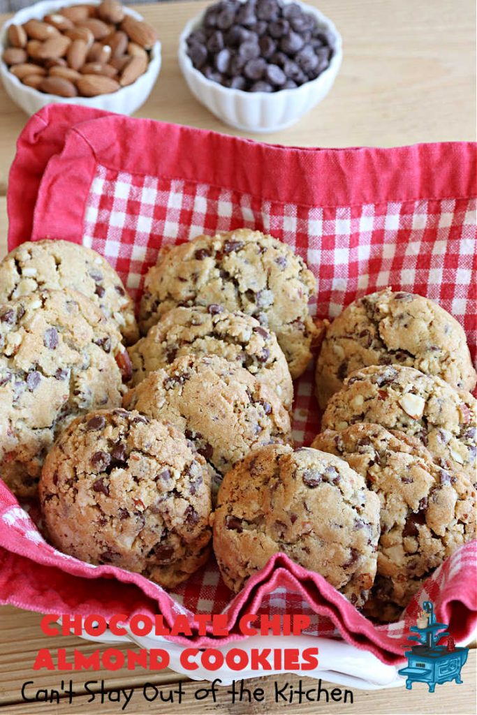 Chocolate Chip Almond Cookies | Can't Stay Out of the Kitchen | these fantastic #cookies are divine! They include 2 bags of miniature #ChocolateChips & chopped #almonds. They're crunchy, chocolaty and mammoth-sized. Wonderful for #tailgating or office parties, potlucks, soccer or hockey practice for your kids or backyard BBQs. Every bite is just perfect! #dessert #ChocolateDessert #chocolate #AlmondDessert #ChristmasCookieExchange #ChocolateChipAlmondCookies
