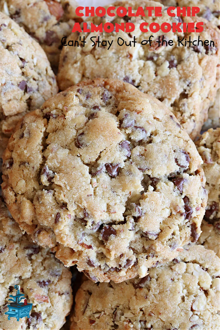 Chocolate Chip Almond Cookies | Can't Stay Out of the Kitchen | these fantastic #cookies are divine! They include 2 bags of miniature #ChocolateChips & chopped #almonds. They're crunchy, chocolaty and mammoth-sized. Wonderful for #tailgating or office parties, potlucks, soccer or hockey practice for your kids or backyard BBQs. Every bite is just perfect! #dessert #ChocolateDessert #chocolate #AlmondDessert #ChristmasCookieExchange #ChocolateChipAlmondCookies