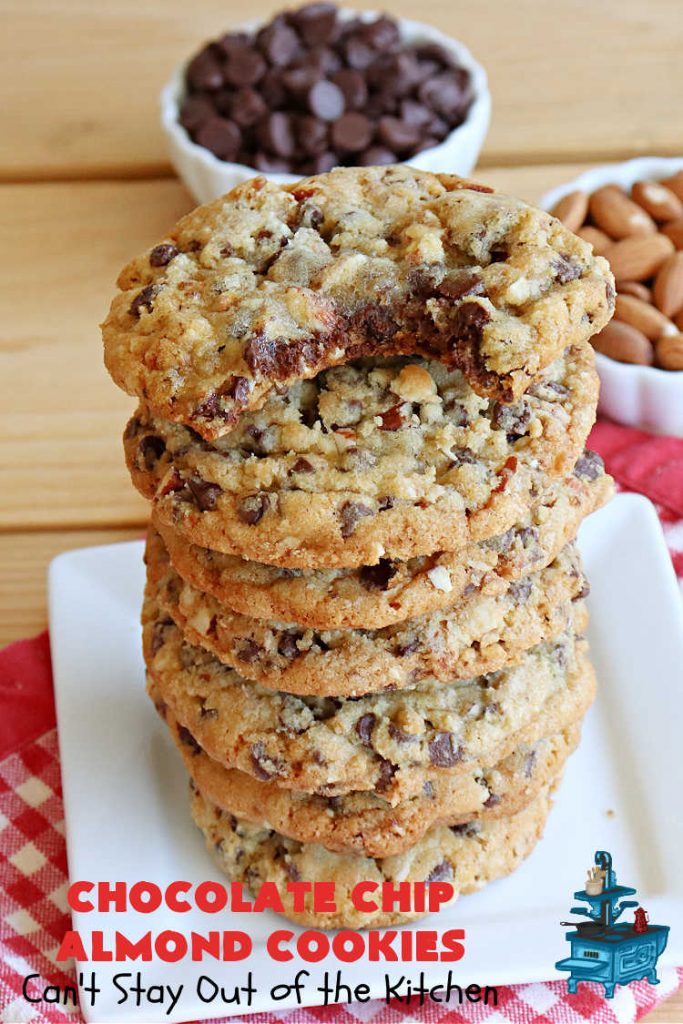 Chocolate Chip Almond Cookies | Can't Stay Out of the Kitchen | these fantastic #cookies are divine! They include 2 bags of miniature #ChocolateChips & chopped #almonds. They're crunchy, chocolaty and mammoth-sized. Wonderful for #tailgating or office parties, potlucks, soccer or hockey practice for your kids or backyard BBQs. Every bite is just perfect! #dessert #ChocolateDessert #chocolate #AlmondDessert #ChristmasCookieExchange #ChocolateChipAlmondCookies
