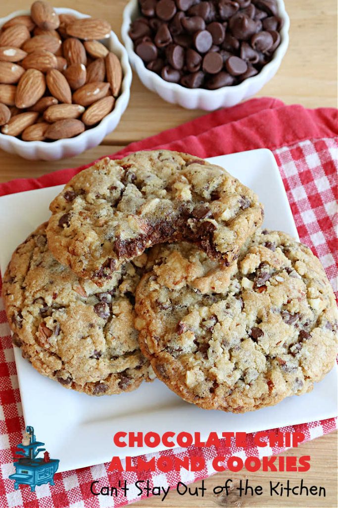 Chocolate Chip Almond Cookies | Can't Stay Out of the Kitchen | these fantastic #cookies are divine! They include 2 bags of miniature #ChocolateChips & chopped #almonds. They're crunchy, chocolaty and mammoth-sized. Wonderful for #tailgating or office parties, potlucks, soccer or hockey practice for your kids or backyard BBQs. Every bite is just perfect! #dessert #ChocolateDessert #chocolate #AlmondDessert #ChristmasCookieExchange #ChocolateChipAlmondCookies