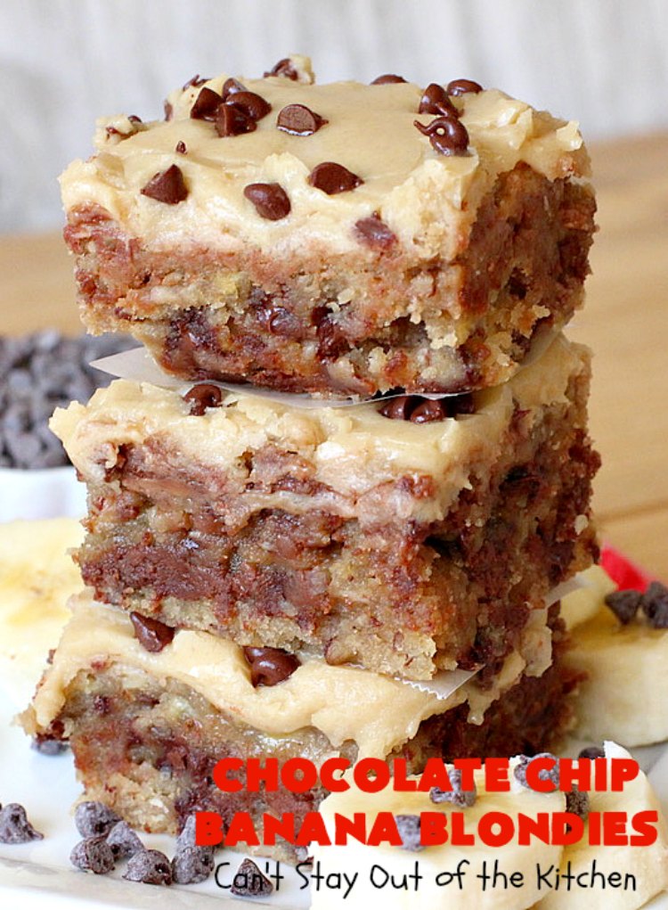 Chocolate Chip Banana Blondies | Can't Stay Out of the Kitchen | these fantastic #brownies will gob smack you from the first bite! You get a dose of #chocolate & use up overripe #bananas at the same time. Great #dessert for #tailgating parties, potlucks or summer #holiday activities. #cookie #pecans #ChocolateChips #ChocolateChipBananaBlondies