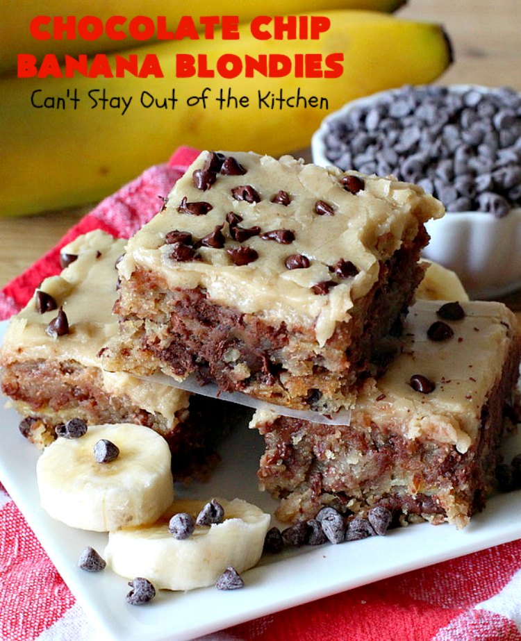 Chocolate Chip Banana Blondies | Can't Stay Out of the Kitchen | these fantastic #brownies will gob smack you from the first bite! You get a dose of #chocolate & use up overripe #bananas at the same time. Great #dessert for #tailgating parties, potlucks or summer #holiday activities. #cookie #pecans #ChocolateChips #ChocolateChipBananaBlondies