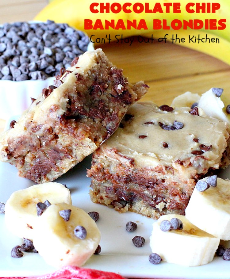 Chocolate Chip Banana Blondies | Can't Stay Out of the Kitchen | these fantastic #brownies will gob smack you from the first bite! You get a dose of #chocolate & use up overripe #bananas at the same time. Great #dessert for #tailgating parties, potlucks or summer #holiday activities. #cookie #pecans #ChocolateChips #ChocolateChipBananaBlondies