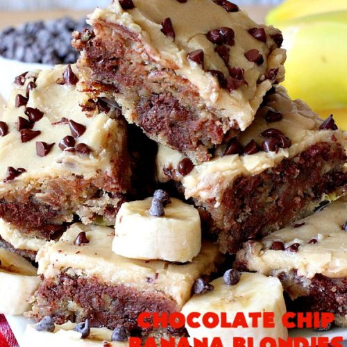 Chocolate Chip Banana Blondies | Can't Stay Out of the Kitchen | these fantastic #brownies will gob smack you from the first bite! You get a dose of #chocolate & use up overripe #bananas at the same time. Great #dessert for #tailgating parties, potlucks or summer #holiday activities. #cookie #pecans #ChocolateChips #ChocolateChipBananaBlondies