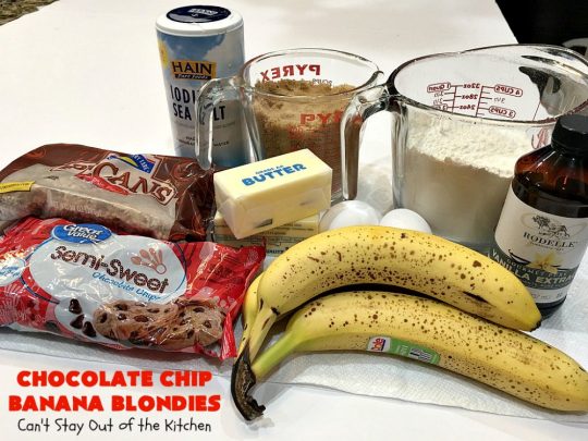 Chocolate Chip Banana Blondies | Can't Stay Out of the Kitchen | these fantastic #brownies will gob smack you from the first bite! You get a dose of #chocolate & use up overripe #bananas at the same time. Great #dessert for #tailgating parties, potlucks or summer #holiday activities. #cookie #pecans #ChocolateChips #ChocolateChipBananaBlondies