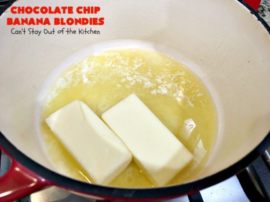 Chocolate Chip Banana Blondies | Can't Stay Out of the Kitchen | these fantastic #brownies will gob smack you from the first bite! You get a dose of #chocolate & use up overripe #bananas at the same time. Great #dessert for #tailgating parties, potlucks or summer #holiday activities. #cookie #pecans #ChocolateChips #ChocolateChipBananaBlondies