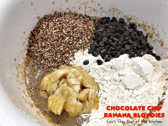 Chocolate Chip Banana Blondies | Can't Stay Out of the Kitchen | these fantastic #brownies will gob smack you from the first bite! You get a dose of #chocolate & use up overripe #bananas at the same time. Great #dessert for #tailgating parties, potlucks or summer #holiday activities. #cookie #pecans #ChocolateChips #ChocolateChipBananaBlondies