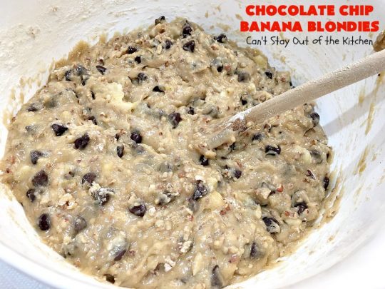 Chocolate Chip Banana Blondies | Can't Stay Out of the Kitchen | these fantastic #brownies will gob smack you from the first bite! You get a dose of #chocolate & use up overripe #bananas at the same time. Great #dessert for #tailgating parties, potlucks or summer #holiday activities. #cookie #pecans #ChocolateChips #ChocolateChipBananaBlondies