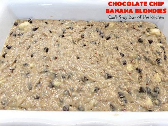 Chocolate Chip Banana Blondies | Can't Stay Out of the Kitchen | these fantastic #brownies will gob smack you from the first bite! You get a dose of #chocolate & use up overripe #bananas at the same time. Great #dessert for #tailgating parties, potlucks or summer #holiday activities. #cookie #pecans #ChocolateChips #ChocolateChipBananaBlondies