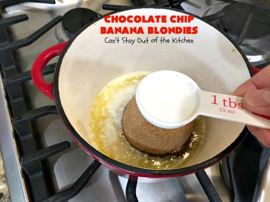 Chocolate Chip Banana Blondies | Can't Stay Out of the Kitchen | these fantastic #brownies will gob smack you from the first bite! You get a dose of #chocolate & use up overripe #bananas at the same time. Great #dessert for #tailgating parties, potlucks or summer #holiday activities. #cookie #pecans #ChocolateChips #ChocolateChipBananaBlondies