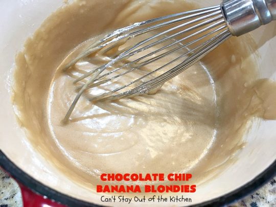 Chocolate Chip Banana Blondies | Can't Stay Out of the Kitchen | these fantastic #brownies will gob smack you from the first bite! You get a dose of #chocolate & use up overripe #bananas at the same time. Great #dessert for #tailgating parties, potlucks or summer #holiday activities. #cookie #pecans #ChocolateChips #ChocolateChipBananaBlondies