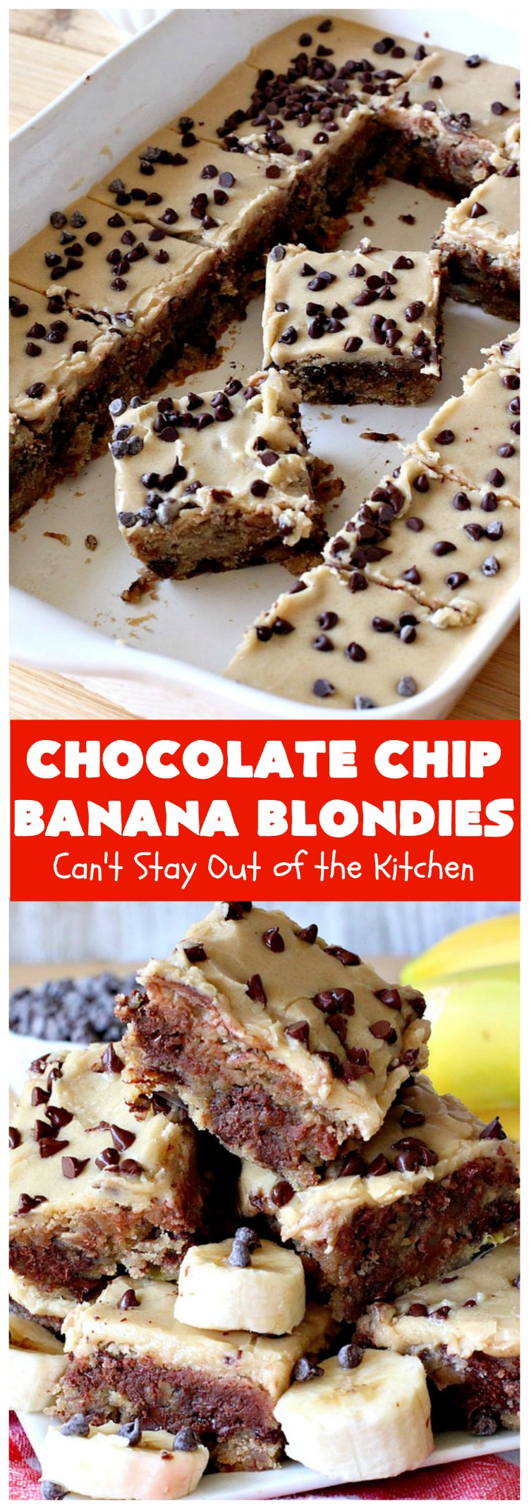 Chocolate Chip Banana Blondies | Can't Stay Out of the Kitchen | these fantastic #brownies will gob smack you from the first bite! You get a dose of #chocolate & use up overripe #bananas at the same time. Great #dessert for #tailgating parties, potlucks or summer #holiday activities. #cookie #pecans #ChocolateChips #ChocolateChipBananaBlondies