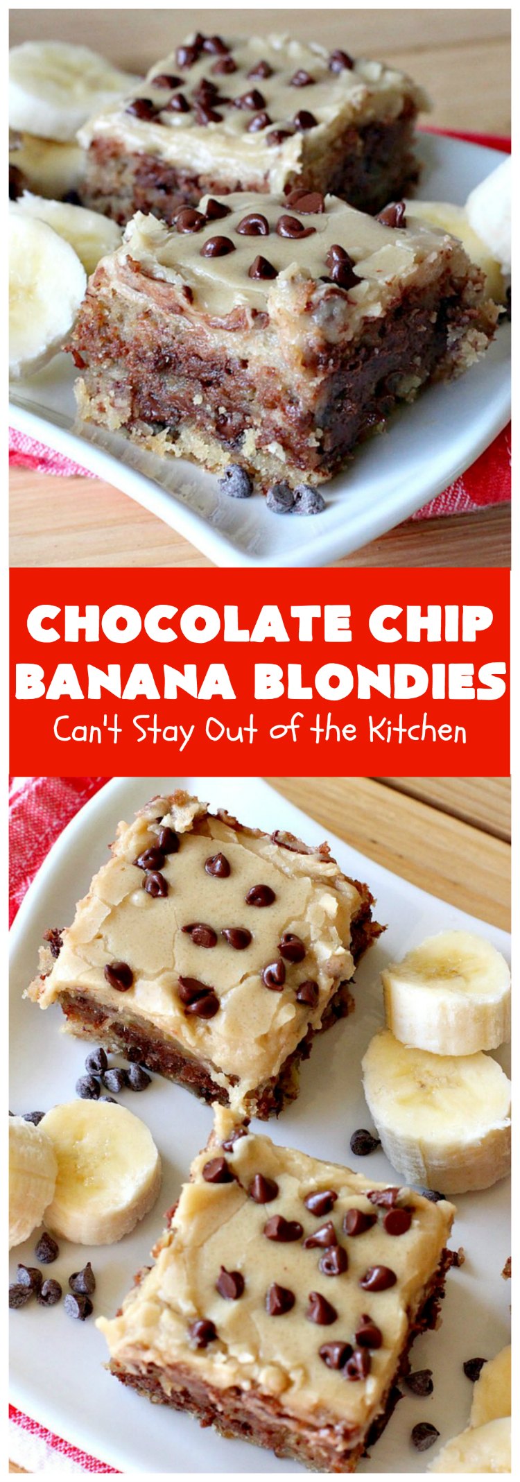 Chocolate Chip Banana Blondies | Can't Stay Out of the Kitchen | these fantastic #brownies will gob smack you from the first bite! You get a dose of #chocolate & use up overripe #bananas at the same time. Great #dessert for #tailgating parties, potlucks or summer #holiday activities. #cookie #pecans #ChocolateChips #ChocolateChipBananaBlondies