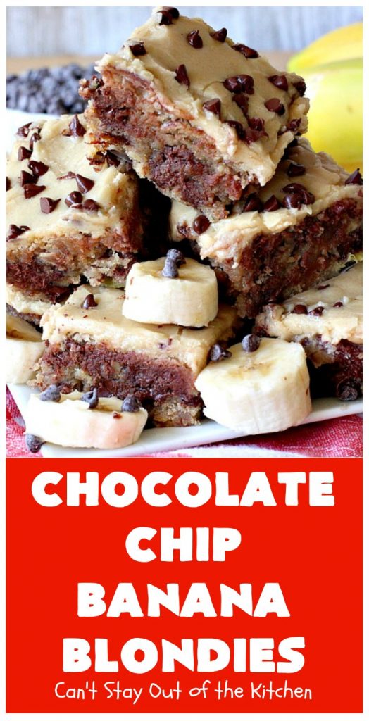 Chocolate Chip Banana Blondies | Can't Stay Out of the Kitchen | these fantastic #brownies will gob smack you from the first bite! You get a dose of #chocolate & use up overripe #bananas at the same time. Great #dessert for #tailgating parties, potlucks or summer #holiday activities. #cookie #pecans #ChocolateChips #ChocolateChipBananaBlondies
