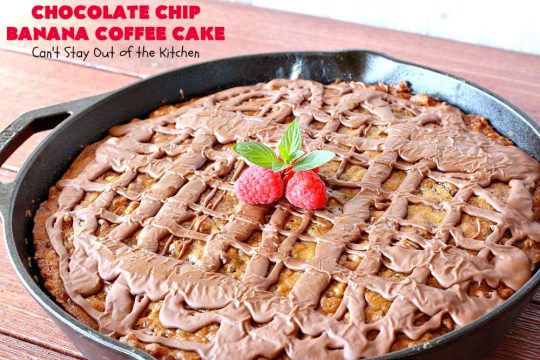 Chocolate Chip Banana Coffee Cake | Can't Stay Out of the Kitchen | this rich, decadent, chocolaty #CoffeeCake will knock your socks off. While we served it for #breakfast, it's also great as a #dessert. It's loaded with #bananas, #walnuts & miniature #ChocolateChips. It has a fudgy #chocolate glaze that amps up the flavors even more! #ChocolateChipBananaCoffeeCake #Holiday #HolidayBreakfast #Thanksgiving #Christmas #cake #ChocolateDessert #BananaDessert