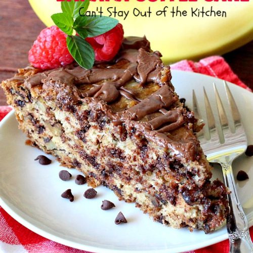 Chocolate Chip Banana Coffee Cake | Can't Stay Out of the Kitchen | this rich, decadent, chocolaty #CoffeeCake will knock your socks off. While we served it for #breakfast, it's also great as a #dessert. It's loaded with #bananas, #walnuts & miniature #ChocolateChips. It has a fudgy #chocolate glaze that amps up the flavors even more! #ChocolateChipBananaCoffeeCake #Holiday #HolidayBreakfast #Thanksgiving #Christmas #cake #ChocolateDessert #BananaDessert