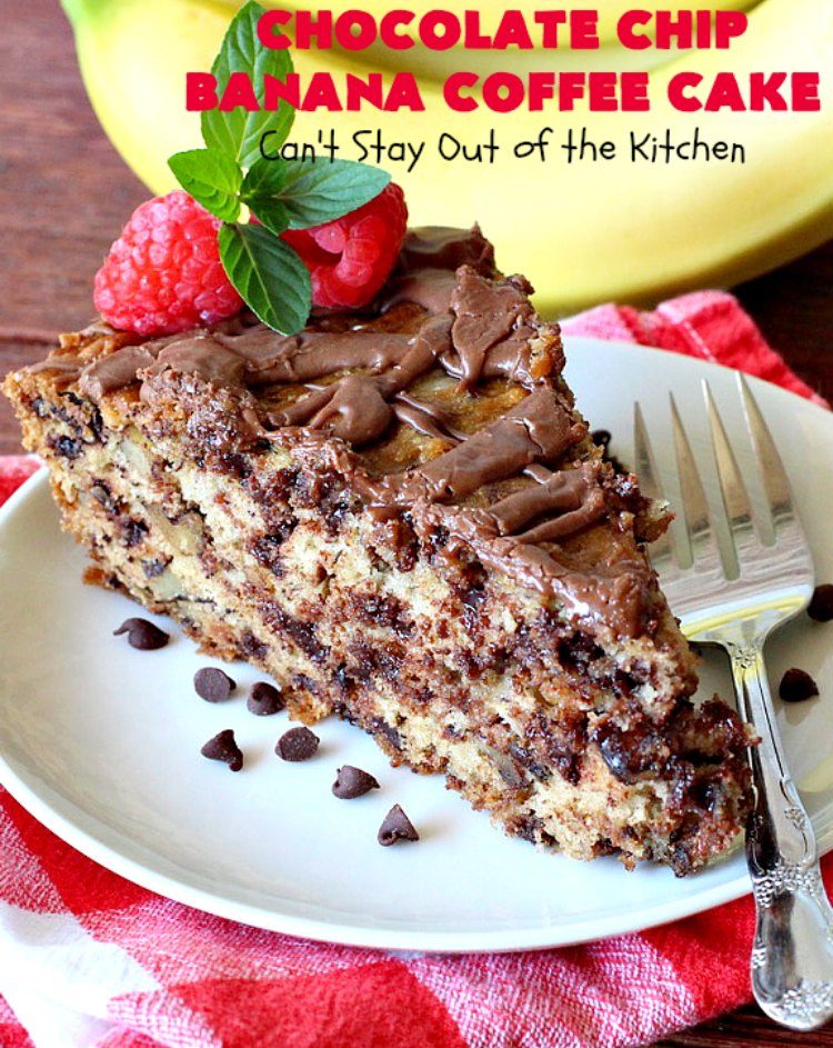 Chocolate Chip Banana Coffee Cake | Can't Stay Out of the Kitchen | this rich, decadent, chocolaty #CoffeeCake will knock your socks off. While we served it for #breakfast, it's also great as a #dessert. It's loaded with #bananas, #walnuts & miniature #ChocolateChips. It has a fudgy #chocolate glaze that amps up the flavors even more! #ChocolateChipBananaCoffeeCake #Holiday #HolidayBreakfast #Thanksgiving #Christmas #cake #ChocolateDessert #BananaDessert