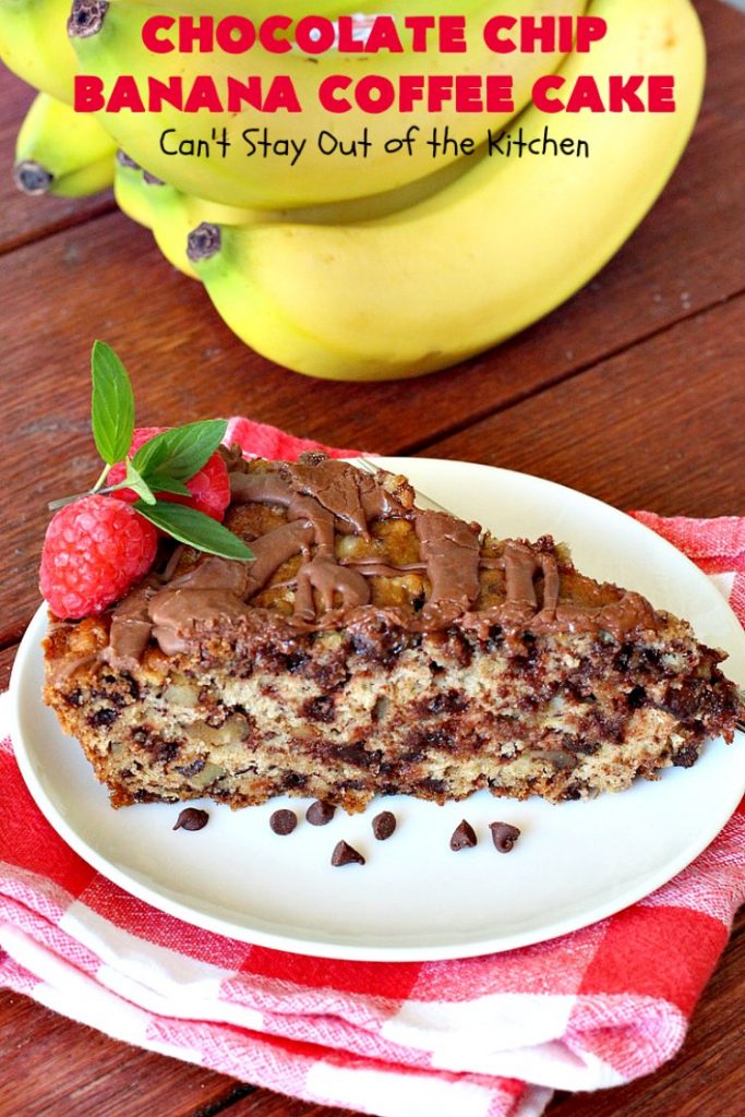 Chocolate Chip Banana Coffee Cake | Can't Stay Out of the Kitchen | this rich, decadent, chocolaty #CoffeeCake will knock your socks off. While we served it for #breakfast, it's also great as a #dessert. It's loaded with #bananas, #walnuts & miniature #ChocolateChips. It has a fudgy #chocolate glaze that amps up the flavors even more! #ChocolateChipBananaCoffeeCake #Holiday #HolidayBreakfast #Thanksgiving #Christmas #cake #ChocolateDessert #BananaDessert