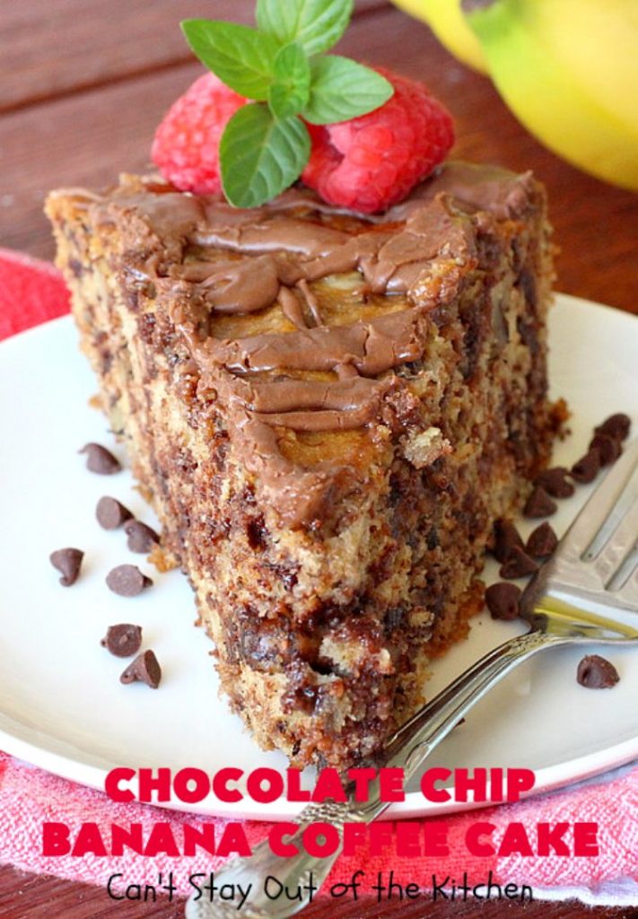 Chocolate Chip Banana Coffee Cake | Can't Stay Out of the Kitchen | this rich, decadent, chocolaty #CoffeeCake will knock your socks off. While we served it for #breakfast, it's also great as a #dessert. It's loaded with #bananas, #walnuts & miniature #ChocolateChips. It has a fudgy #chocolate glaze that amps up the flavors even more! #ChocolateChipBananaCoffeeCake #Holiday #HolidayBreakfast #Thanksgiving #Christmas #cake #ChocolateDessert #BananaDessert