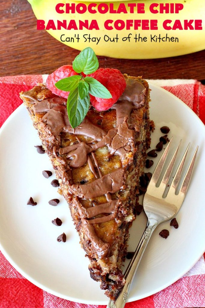 Chocolate Chip Banana Coffee Cake | Can't Stay Out of the Kitchen | this rich, decadent, chocolaty #CoffeeCake will knock your socks off. While we served it for #breakfast, it's also great as a #dessert. It's loaded with #bananas, #walnuts & miniature #ChocolateChips. It has a fudgy #chocolate glaze that amps up the flavors even more! #ChocolateChipBananaCoffeeCake #Holiday #HolidayBreakfast #Thanksgiving #Christmas #cake #ChocolateDessert #BananaDessert