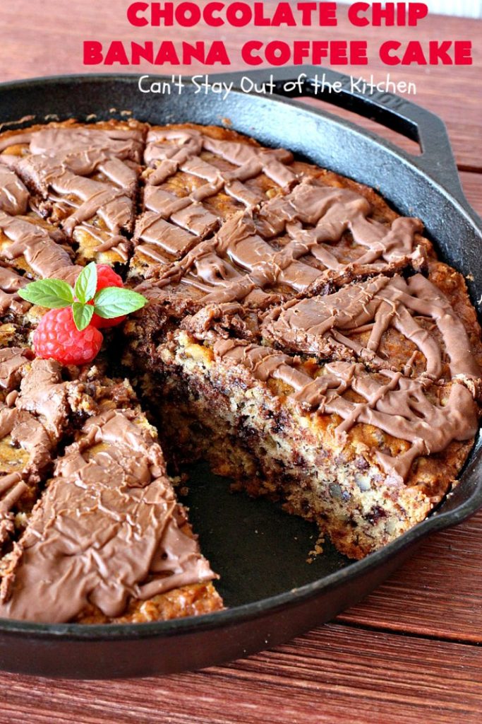 Chocolate Chip Banana Coffee Cake | Can't Stay Out of the Kitchen | this rich, decadent, chocolaty #CoffeeCake will knock your socks off. While we served it for #breakfast, it's also great as a #dessert. It's loaded with #bananas, #walnuts & miniature #ChocolateChips. It has a fudgy #chocolate glaze that amps up the flavors even more! #ChocolateChipBananaCoffeeCake #Holiday #HolidayBreakfast #Thanksgiving #Christmas #cake #ChocolateDessert #BananaDessert