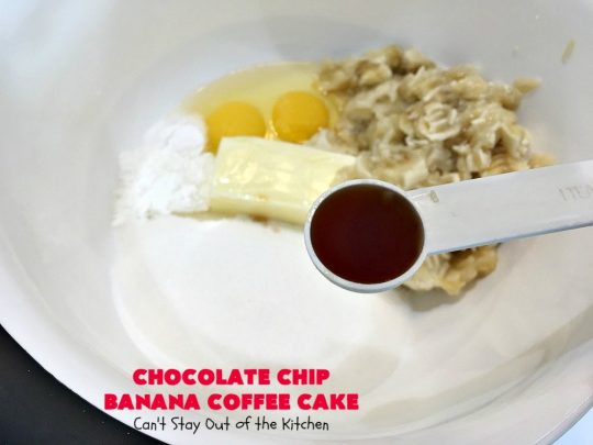 Chocolate Chip Banana Coffee Cake | Can't Stay Out of the Kitchen | this rich, decadent, chocolaty #CoffeeCake will knock your socks off. While we served it for #breakfast, it's also great as a #dessert. It's loaded with #bananas, #walnuts & miniature #ChocolateChips. It has a fudgy #chocolate glaze that amps up the flavors even more! #ChocolateChipBananaCoffeeCake #Holiday #HolidayBreakfast #Thanksgiving #Christmas #cake #ChocolateDessert #BananaDessert