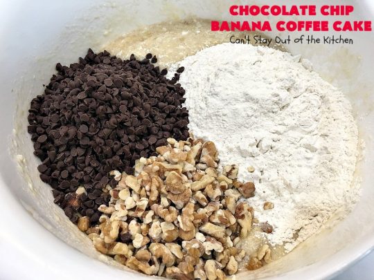 Chocolate Chip Banana Coffee Cake | Can't Stay Out of the Kitchen | this rich, decadent, chocolaty #CoffeeCake will knock your socks off. While we served it for #breakfast, it's also great as a #dessert. It's loaded with #bananas, #walnuts & miniature #ChocolateChips. It has a fudgy #chocolate glaze that amps up the flavors even more! #ChocolateChipBananaCoffeeCake #Holiday #HolidayBreakfast #Thanksgiving #Christmas #cake #ChocolateDessert #BananaDessert