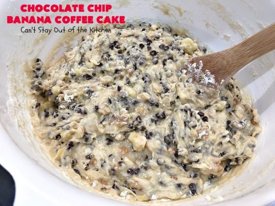 Chocolate Chip Banana Coffee Cake | Can't Stay Out of the Kitchen | this rich, decadent, chocolaty #CoffeeCake will knock your socks off. While we served it for #breakfast, it's also great as a #dessert. It's loaded with #bananas, #walnuts & miniature #ChocolateChips. It has a fudgy #chocolate glaze that amps up the flavors even more! #ChocolateChipBananaCoffeeCake #Holiday #HolidayBreakfast #Thanksgiving #Christmas #cake #ChocolateDessert #BananaDessert