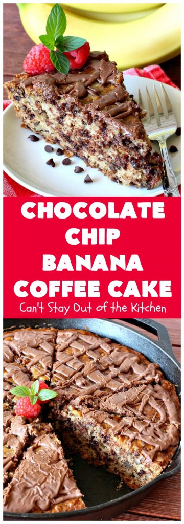 Chocolate Chip Banana Coffee Cake | Can't Stay Out of the Kitchen | this rich, decadent, chocolaty #CoffeeCake will knock your socks off. While we served it for #breakfast, it's also great as a #dessert. It's loaded with #bananas, #walnuts & miniature #ChocolateChips. It has a fudgy #chocolate glaze that amps up the flavors even more! #ChocolateChipBananaCoffeeCake #Holiday #HolidayBreakfast #Thanksgiving #Christmas #cake #ChocolateDessert #BananaDessert