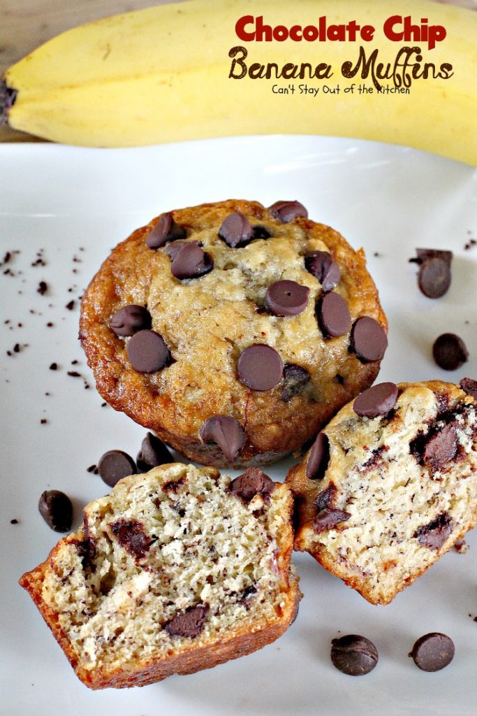 Chocolate Chip Banana Muffins | Can't Stay Out of the Kitchen | some of the most scrumptious #muffins you'll ever eat. Quick and easy for a #holiday #breakfast. #chocolate #bananas