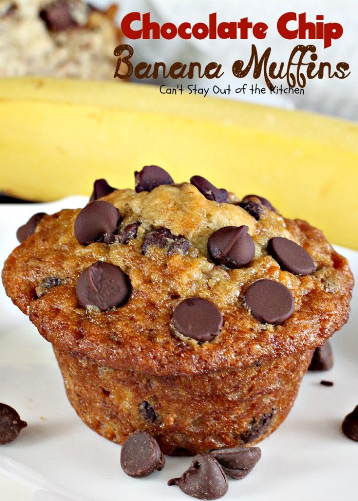 Chocolate Chip Banana Muffins | Can't Stay Out of the Kitchen | some of the most scrumptious #muffins you'll ever eat. Quick and easy for a #holiday #breakfast. #chocolate #bananas