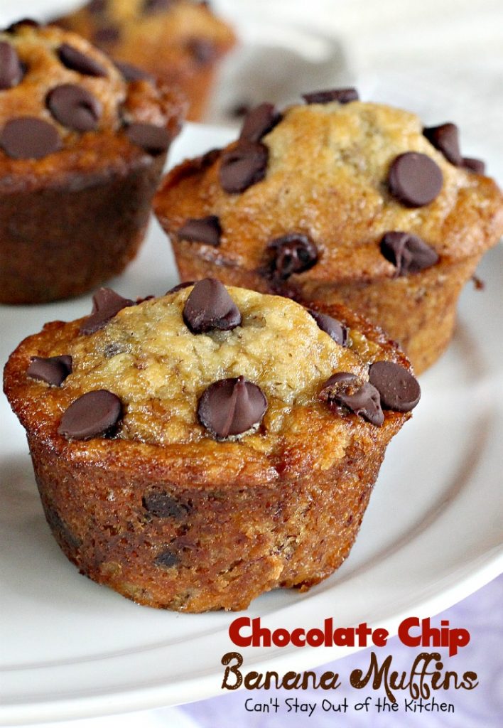 Chocolate Chip Banana Muffins | Can't Stay Out of the Kitchen | some of the most scrumptious #muffins you'll ever eat. Quick and easy for a #holiday #breakfast. #chocolate #bananas