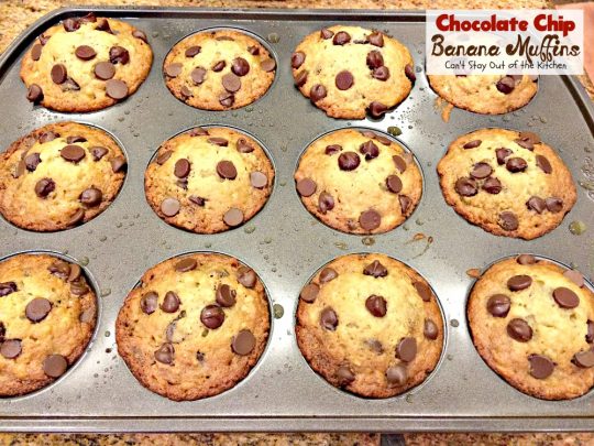 Chocolate Chip Banana Muffins | Can't Stay Out of the Kitchen | some of the most scrumptious #muffins you'll ever eat. Quick and easy for a #holiday #breakfast. #chocolate #bananas